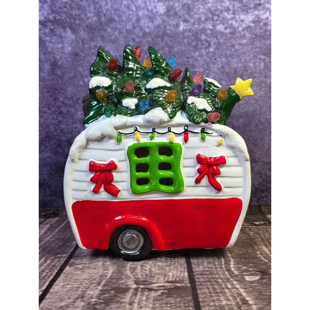Christmas Camper LED Light Up Ceramic Decor Santa Snowman Tree Retro Trailer 8in